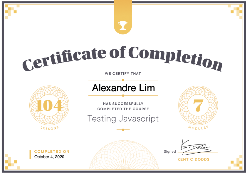Alex LimのTesting JavaScript修了証明書